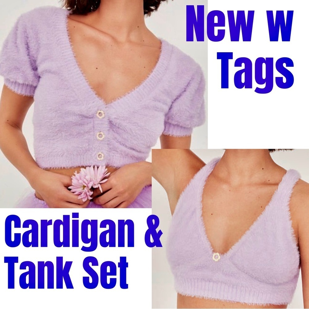 NWT For love & lemons SET Devon cardigan and tank fuzzy cropped set in lavender